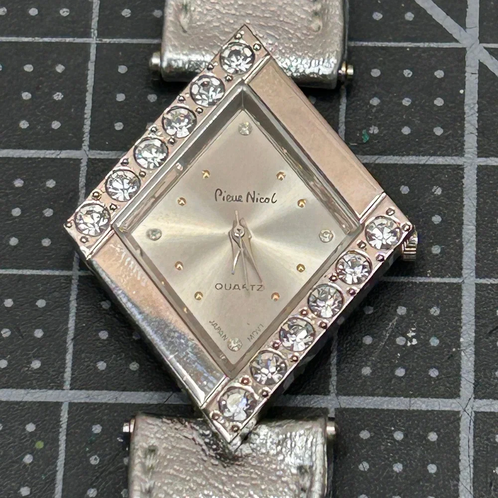 Pierre Nicol Womens Diamond Shape Rhinestone Silver Quartz Watch Leather‎ Strap